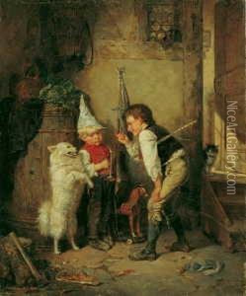 Zwei Kinder Mit Einem Spitz Spielend. Signiert Und Datiert Unten Rechts: Carl Boker 1868/df. Ol Auf Leinwand. H 69; B 57 Cm. Oil Painting - Karl Boker