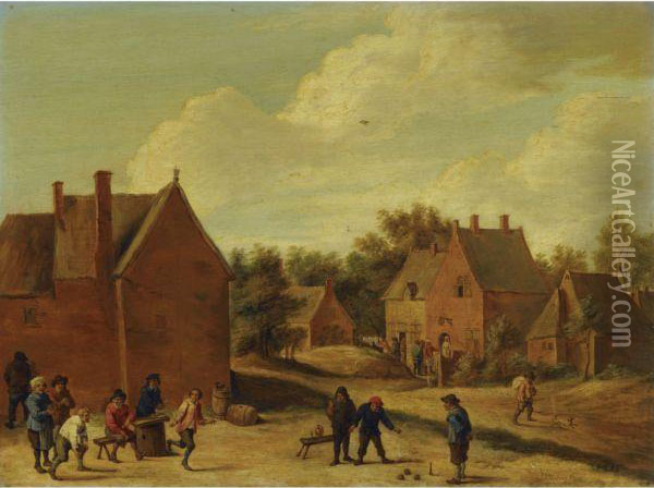 A Village Street With Peasants Playing Bowls Oil Painting - David The Younger Teniers