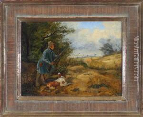 Ein Jager Mit Seinem Hund Am Waldrand Beim Anlegen Des Gewehrs Oil Painting - Carl F. Goser