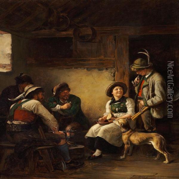Interior With Four Mountain Hunters And A Young Girl In The Alps Oil Painting - Franz Von Defregger