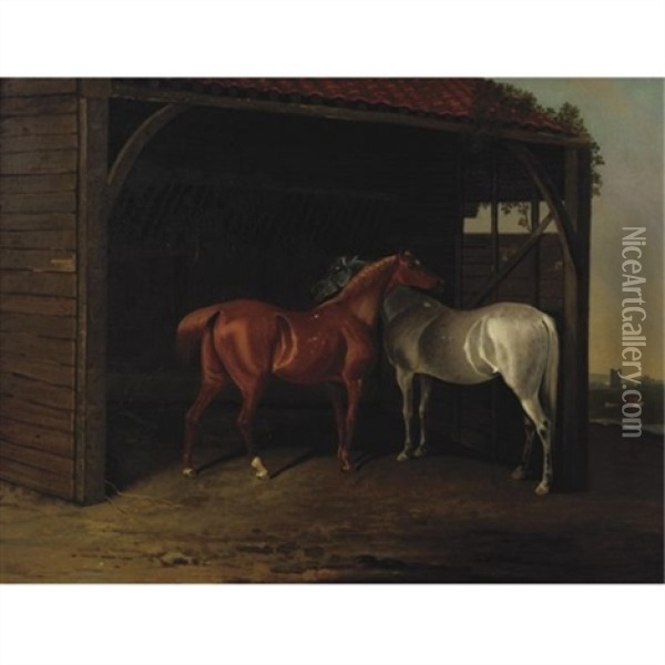 Two Hunters In A Barn Oil Painting - Edwin Cooper