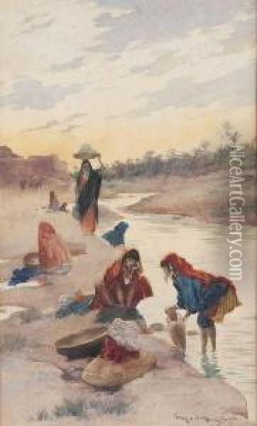 Femmes Lavant A La Riviere De Gabes Oil Painting - Georges Bertin, Dit Scott De Plagnolles