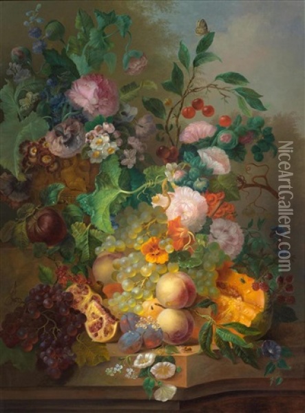 Blumenstillleben Mit Pfirsichen, Weintrauben Und Kirschen Oil Painting - Jan Evert Morel the Elder