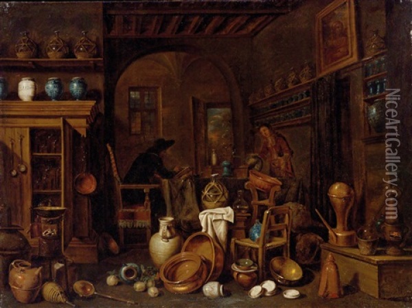 Kucheninterieur Mit Weiblicher Figur; Interieur Mit Schreibender Figur (der Apotheker) Oil Painting - Giovanni Domenico Valentino