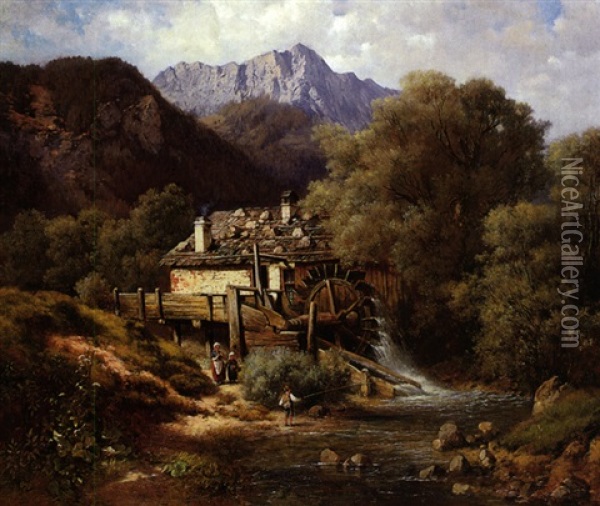 Muhle Bei Partenkirchen Mit Blick Auf Die Zugspitze Oil Painting - Ludwig Correggio