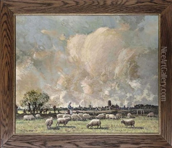 Tending The Flock, Damme Near Bruges Oil Painting - Tom Campbell