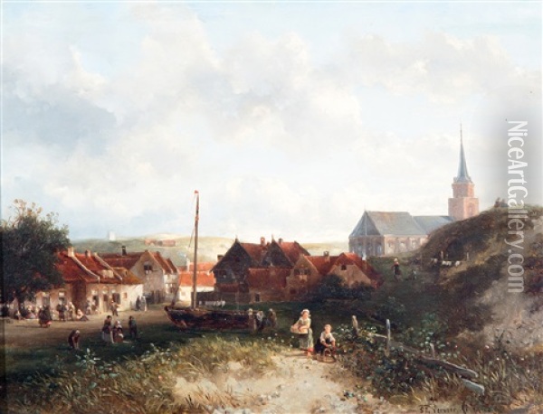Zicht Op Het Vissersdorp Scheveningen Oil Painting - Salomon Leonardus Verveer