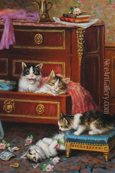Kittens Playing Oil Painting - Jules Leroy