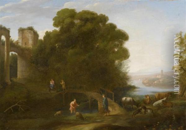 Pastoral Landscape With The Flight Into Egypt Oil Painting - Giovanni Domenico Desiderii