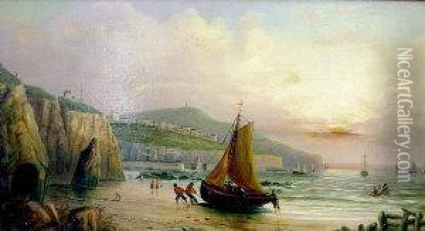Fishermen On A Sore With A Harbour And
Cliff Tops Beyond Oil Painting - Millson Hunt