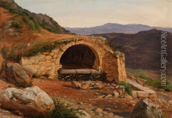 A Cave In An Italian Mountain Landscape Oil Painting - Peter (Johann P.) Raadsig