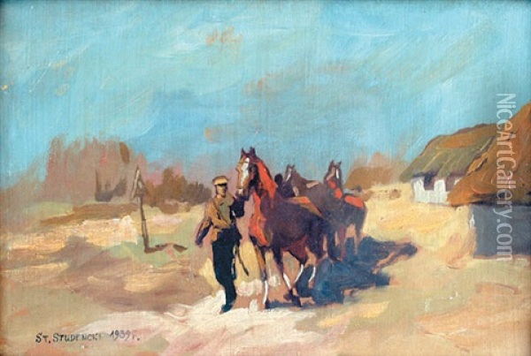 Ulan Prowadzacy Konie Oil Painting - Stanislaw Studencki