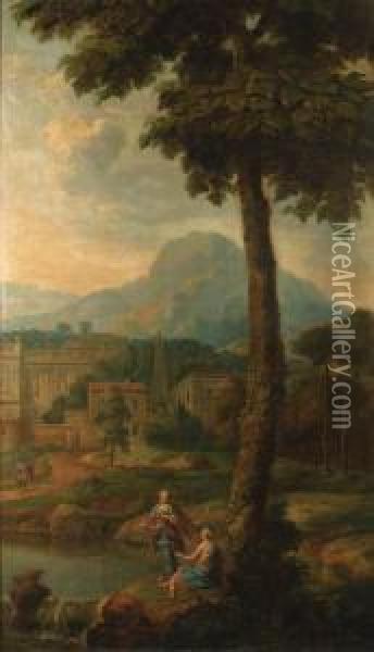 Italianate Landscapes With Figures And Classical Buildings Oil Painting - Isaac de Moucheron