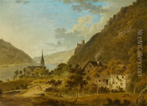 River Landscape With A Church And Castle Ruins Oil Painting - Friedrich Christian Reinermann
