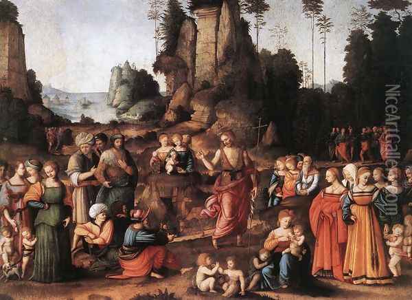 The Preaching Of Saint John The Baptist 1520 Oil Painting - Francesco Ubertini Bacchiacca II