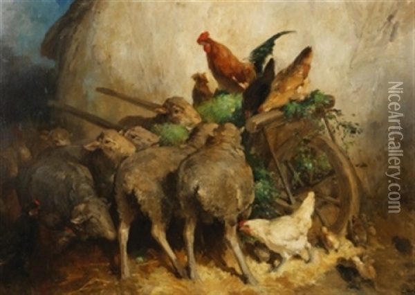 Schafe Und Huhner Bei Einer Schubkarre Mit Heu Oil Painting - Eugene Cottin