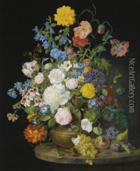 A Vase Of Camellias, Geraniums, Dahlias, A White Peony, Roses, Poppies And Other Flowers Oil Painting - Franz Xaver Petter