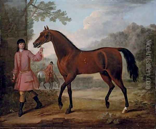 The Leedes Arabian, being led by a groom, in a landscape Oil Painting - John Wootton