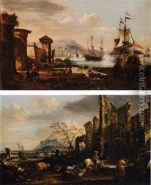 Veduta Marina Con Porto Fortificato E Galeoni All'approdo Oil Painting - Johann Anton Eismann