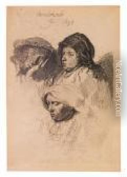Three Heads Of Women, One Asleep. Oil Painting - Rembrandt Van Rijn