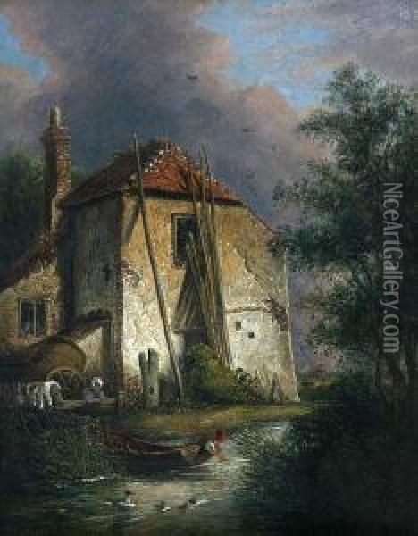 A Country Cottage Beside A Stream Oil Painting - David Hodgson