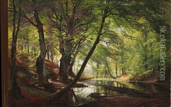 Skovso - Fra Bondedammen Ved Hellebaek - Septembermorgen (forest Lake) Oil Painting - Carl Frederik Peder Aagaard