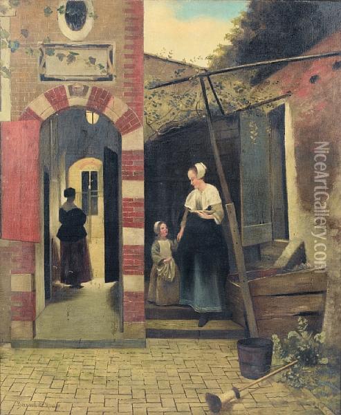 A Woman And Child In A Courtyard Indelft Oil Painting - Pieter De Hooch