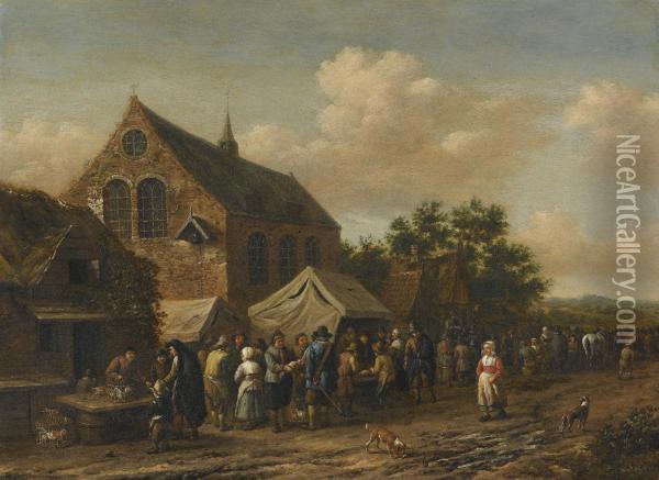 A Village Market Beside A Church Oil Painting - Barend Gael or Gaal