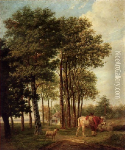 A Herdsman Halting By A Wooded Path Oil Painting - Jan Kobell the Younger