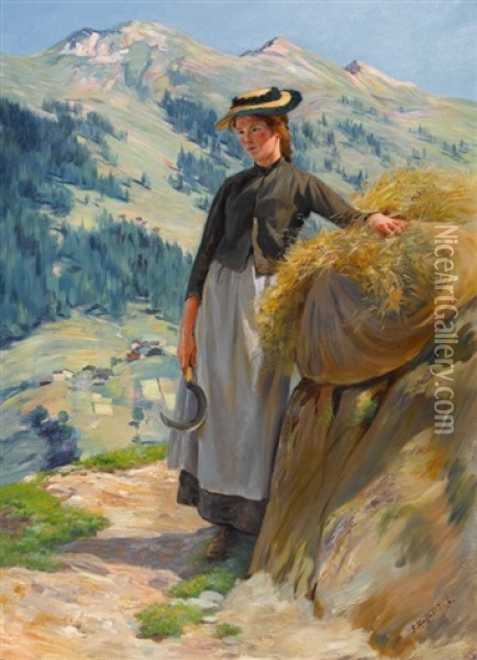 Rastende Schnitterin In Den Walliser Bergen Oil Painting - Fritz Huguenin