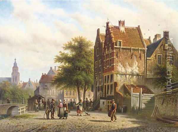 Townsfolk on a sunlit street Oil Painting - Johannes Franciscus Spohler