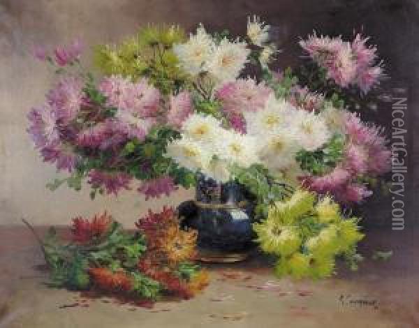 Stillleben Mit Chrysanthemenstrauss In Blauer Vase. Oil Painting - Edmond Van Coppenolle