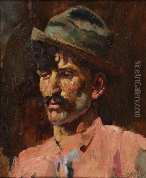 Portrait Of A Man Wearing A Trilby And Pink Shirt Oil Painting - Frank Richards