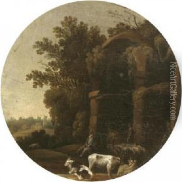 An Italianate Landscape With Drovers And Their Animals Resting Before Classical Ruins Oil Painting - Filippo D Angeli