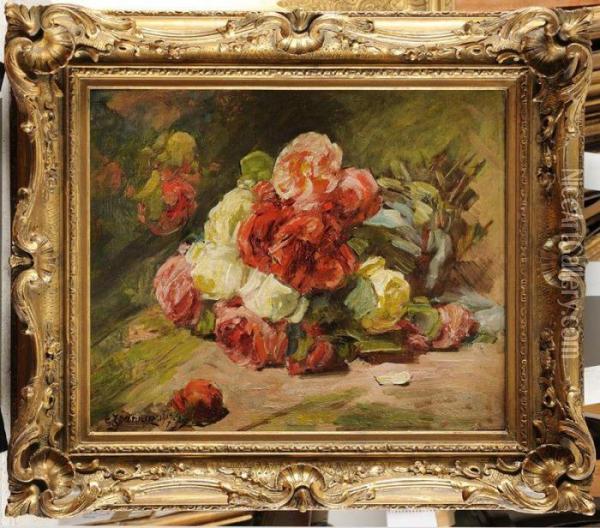 Bouquet De Roses Dans Un Vase Oil Painting - Georges Jeannin