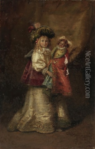 Madchen In Historischem Kostum Mit Ihrer Puppe Oil Painting - Cesare Auguste Detti