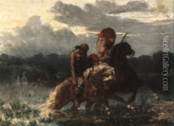 Warriors On Horseback Oil Painting - Evariste Vital Luminais