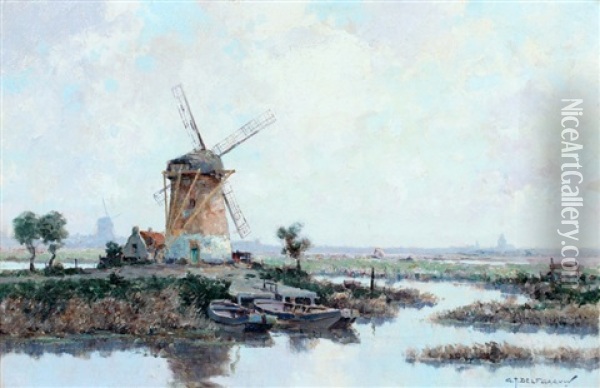 Hollands Waterlandschap Met Twee Molens Oil Painting - Gerard Delfgaauw
