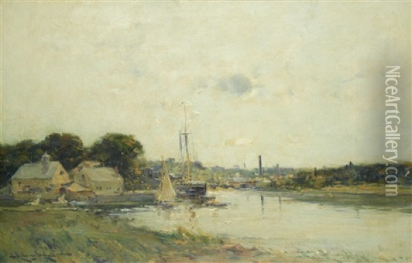 River Landscape, Possibly New England Oil Painting - Edmund Aubrey Hunt