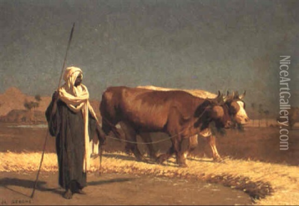 Bedouin With Two Oxen Threshing Corn Oil Painting - Jean-Leon Gerome