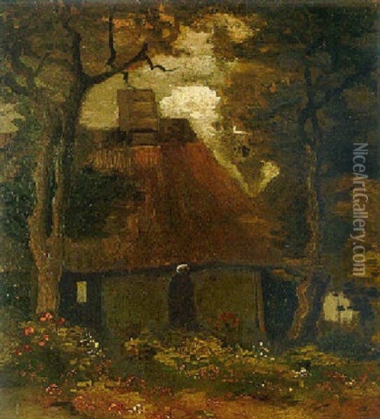La Chaumiere Et Une Paysanne Sous Les Arbres Oil Painting - Vincent Van Gogh