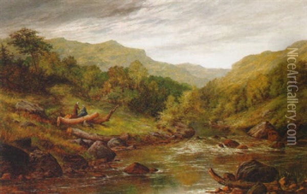 Figures Resting On A Log In A Welsh River Landscape Oil Painting - Henry Gummery