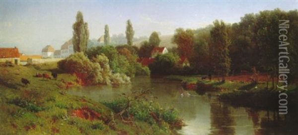 A Wooded Landscape With An Elegant Figure By A Pond, A      Country House In The Background Oil Painting - Willem Tjarda van Starckenborgh Stachouwer