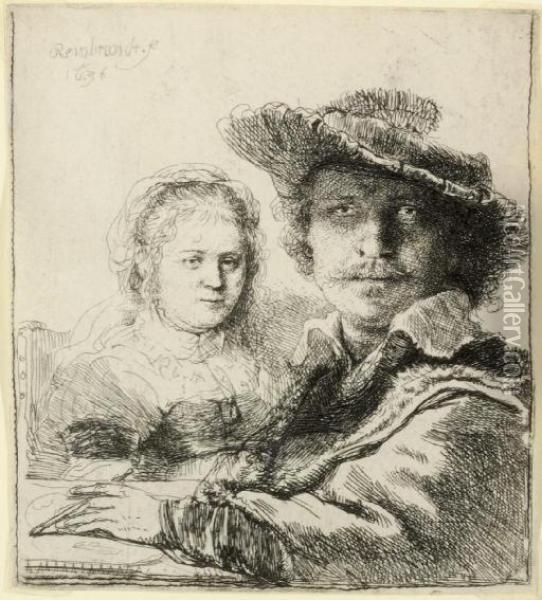 Self-portrait With Saskia (bartsch, Hollstein 19; Hind 144) Oil Painting - Rembrandt Van Rijn