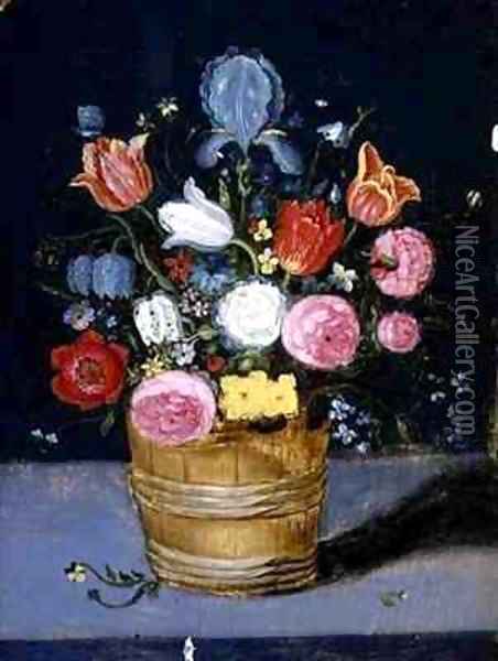 Still Life of Flowers in a Wooden Tub Oil Painting - Andries Daniels or Danielsz