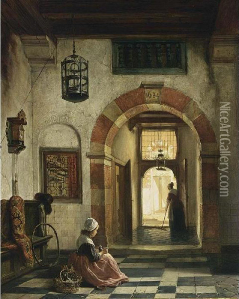 Interior With A Maid Feeding A Pigeon Oil Painting - Hubertus, Huib Van Hove