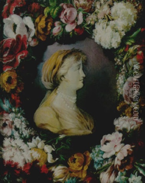 A Bust Of A Lady Surrounded By A Garland Of Flowers Oil Painting - Benito Espinos