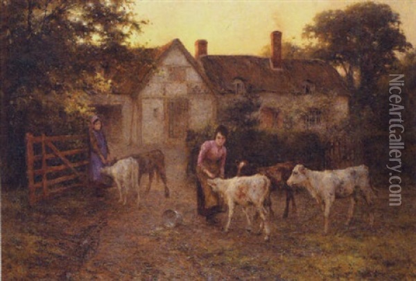 Feeding The Calves Oil Painting - Harold Joseph Swanwick