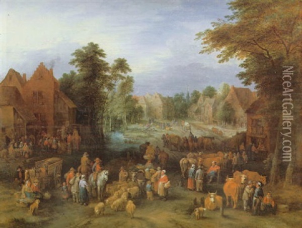 A Village Scene With Numerous Peasants And Their Livestock Oil Painting - Theobald Michau