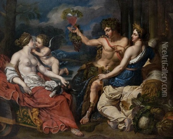 Young Bacchus With The Goddess Ceres And Venus With Angel By A Water Landscape Oil Painting - Joseph Paelinck